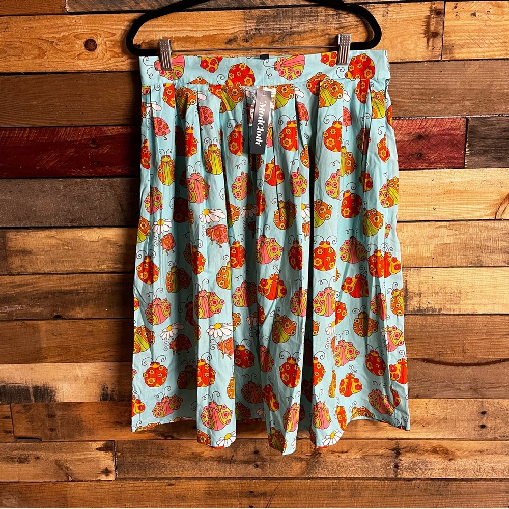 Retro Floral Pleated A-Line Skirt - Light Blue with Orange & Pink Flowers